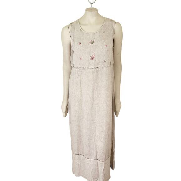 VTG NANCY BOLEN Flax Blend Embroidered Sleeveless Maxi Dress in Oatmeal SZ L - Picture 1 of 11
